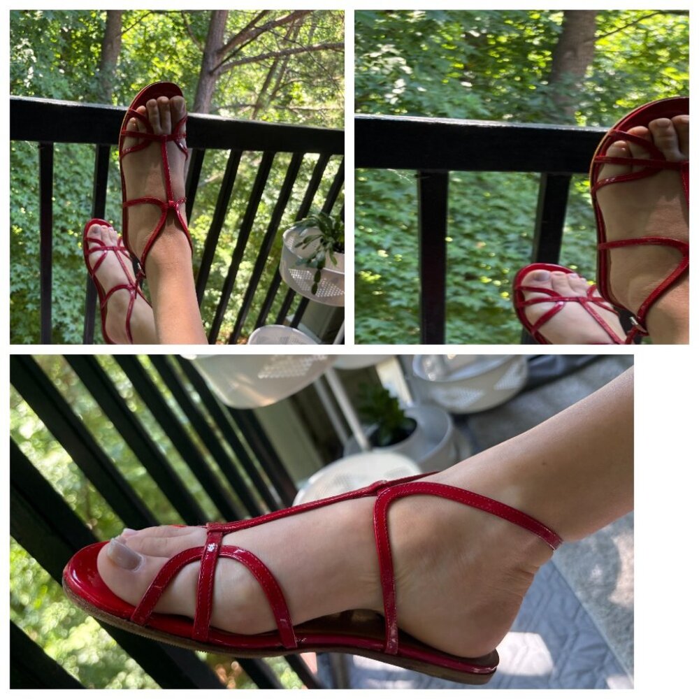 Prada Italy Red Patent Leather Flat T-Strap Slingback Sandals Shoes Size 36 US 6